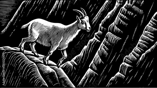 Goat climbing a steep rocky mountain slope with determination black and white sketch vector