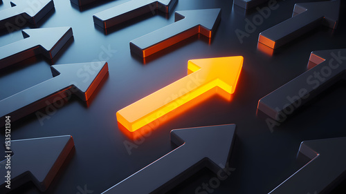 A glowing orange arrow stands out among many dark grey arrows a concept of unique direction leadership and success