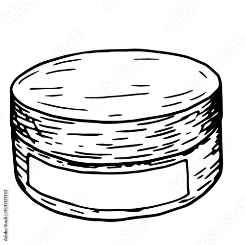 A jar of cream and a label, a black and white ink sketch. Vector illustration. The drawing of the cosmetic box is in a simple style, isolated on a white background. The theme of cosmetics, fashion