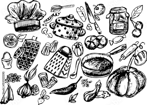 Hand-drawn kitchen utensils and ingredients in black and white 