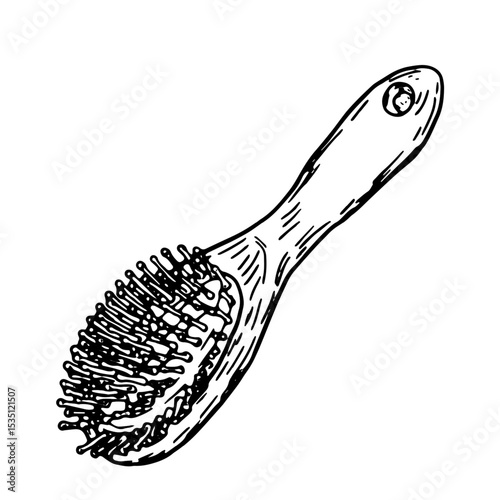 Wooden women's comb, black and white ink sketch. Vector illustration. The massage brush pattern is in a simple style, isolated on a white background. The theme of cosmetics, fashion