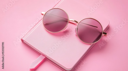 Pink notebook and round sunglasses on pink background.