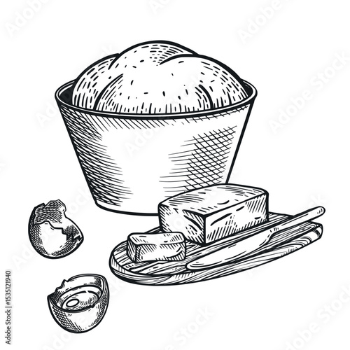 Dough, cooking process, chicken eggs, butter on a board with a knife, a bowl with dough. All objects are hand-drawn with ink. Vector illustration is suitable for printing on paper, fabric, labels.