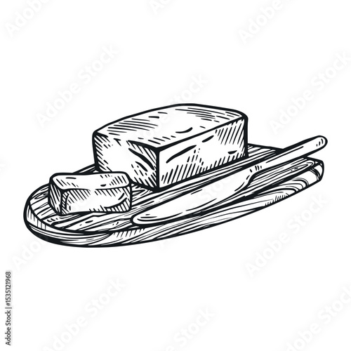 Piece of butter on a board with a knife and a piece of butter, all objects are drawn with ink. Vector illustration of food. Suitable for printing on paper, food packaging, store design.