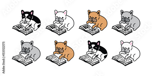 dog vector french bulldog icon reading book comic cartoon character puppy pet doodle symbol illustration design isolated