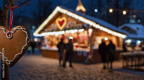 Gingerbread heart hanging in front of blurred christmas market stall
