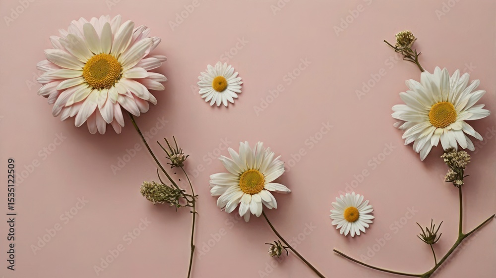 Obraz premium Delicate daisy arrangement on pastel pink background