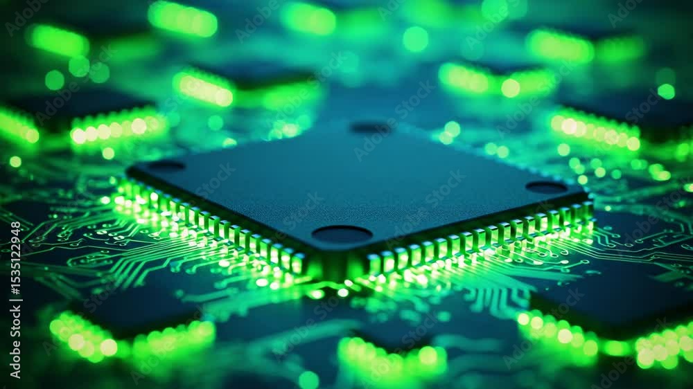 Microchip with glowing green circuits on circuit board background  