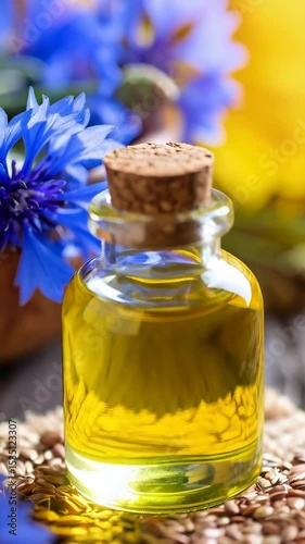 Small glass bottle of golden plant oil alongside blue cornflowers and flax seeds on burlap sack background.