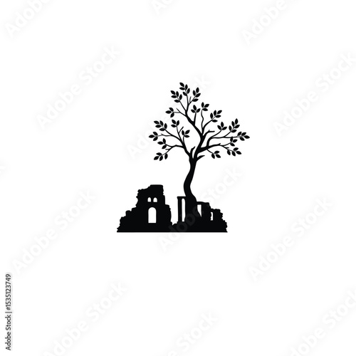 A silhouette of a fantasy tree growing through ruins on white background