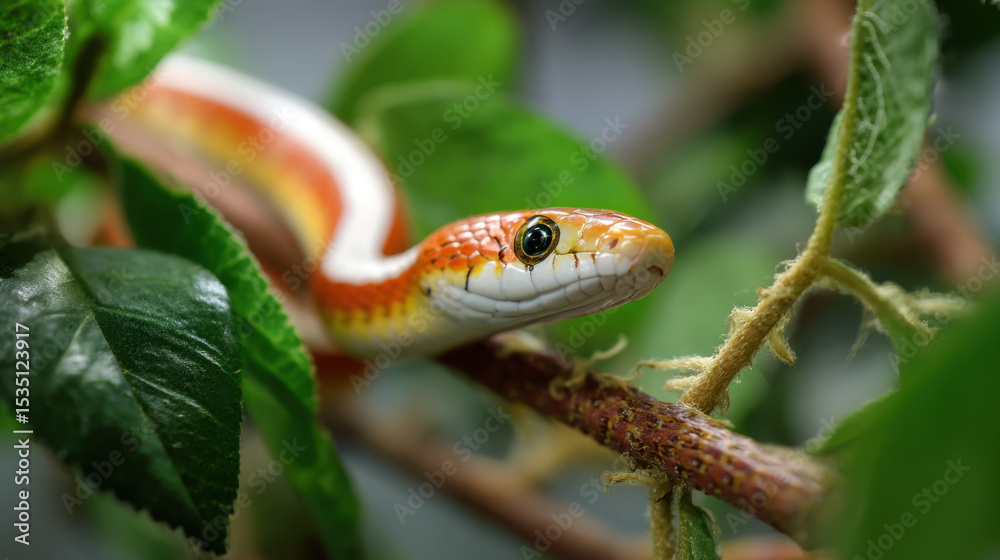 A slender orange and white snake is coiled among vibrant green leaves, showcasing its smooth scales and keen eyes in a natural setting A slender orange and white snake is coiled among vibrant green leaves, showcasing its smooth scales and keen eyes in a natural setting