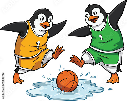 Playful penguins playing basketball on ice