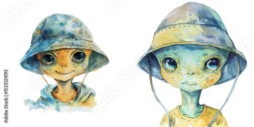 alien wearing bucket hat watercolor vector illustration
