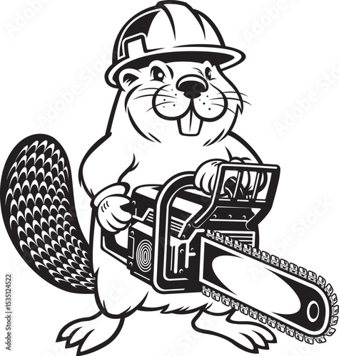 cartoon beaver wearing safety helmet and holding chainsaw	
