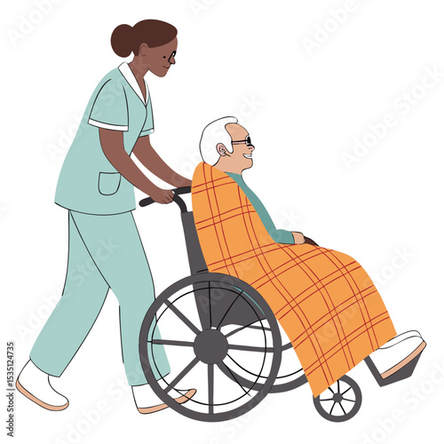 African American Nurse Assisting Elderly Man in Wheelchair with Blanket Showing Compassion and Care