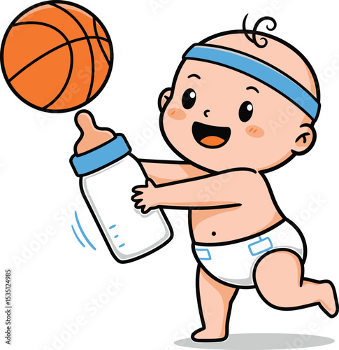 Adorable baby athlete playing basketball with bottle