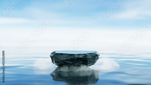 Stone pedestal display on surface of the lake, sky, ocean, hot spring in morning, fog, ozone, cool and shady weather. Nature zen quiet concept ripple waves. podium of beauty cosmetic. 3D Illustration.