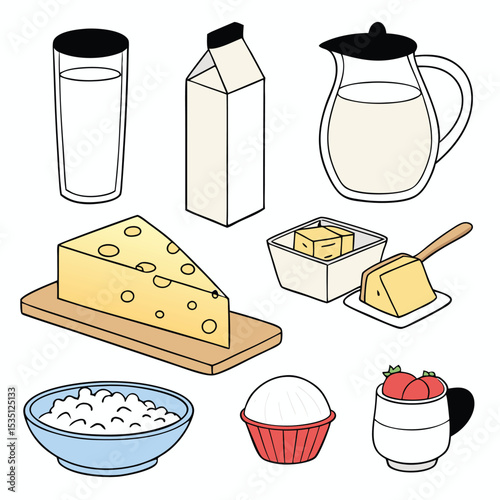 Dairy products illustration featuring milk cheese butter cottage cheese cream and strawberries on a white background