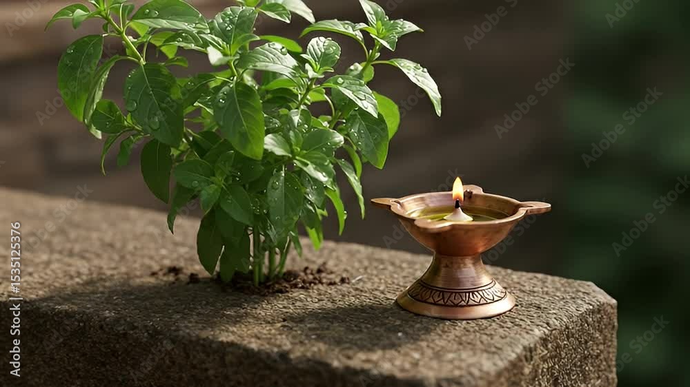 Bronze Oil Lamp with Burning Flame Beside Potted Green Plant Against Textured Stone Background