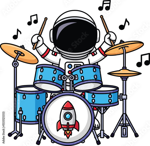 Astronaut playing drums with rocket bass drum