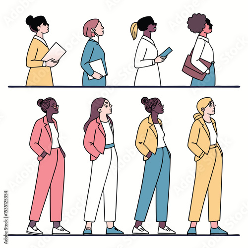 Diverse group of businesswomen standing side by side looking up with anticipation and optimism for the future