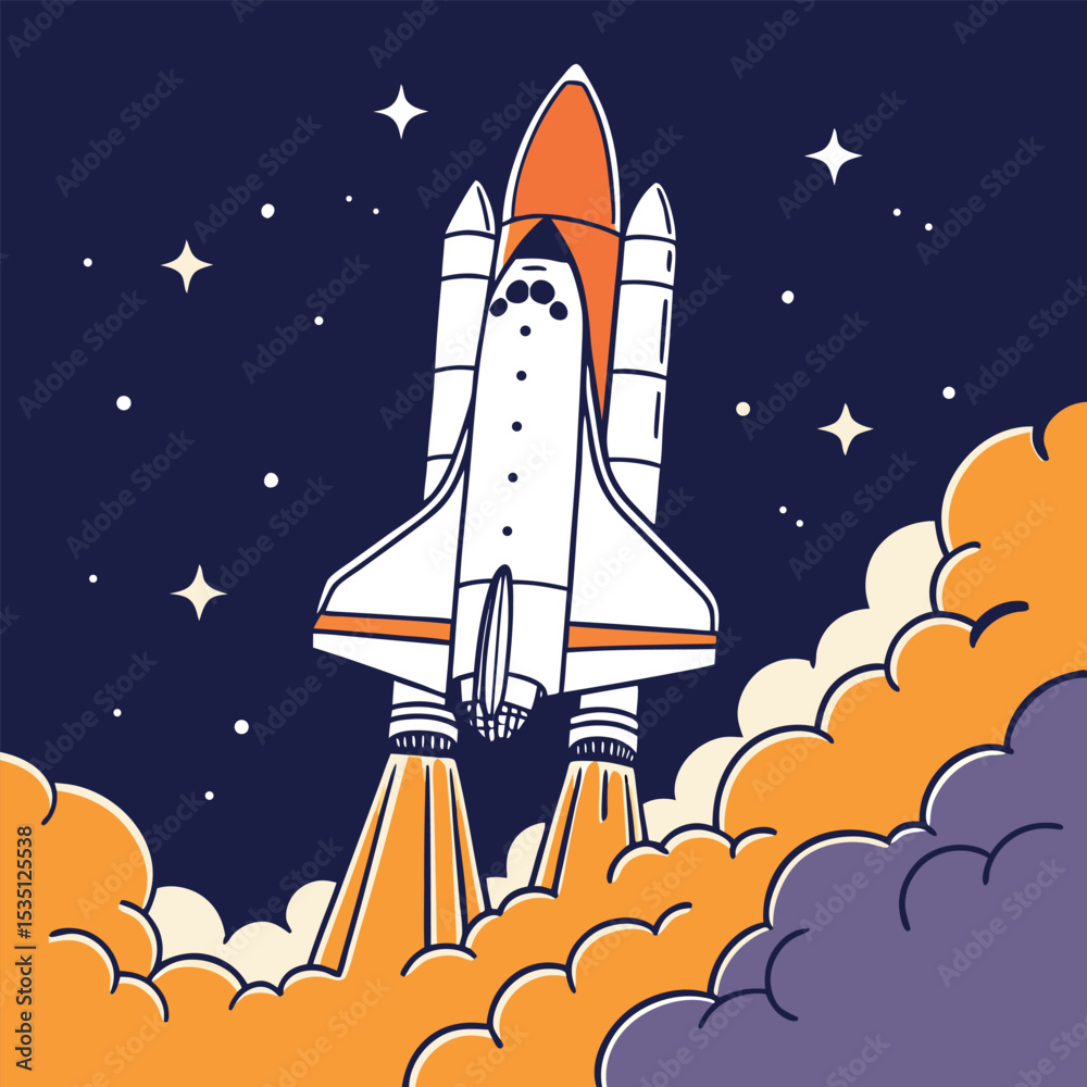 Fototapeta premium Cartoon Rocket Launching into Space with Stars and Clouds in a Retro Style