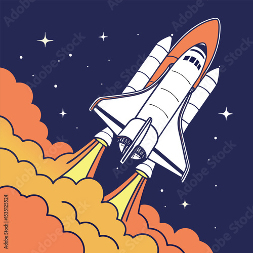 Cartoon Space Shuttle Launching into Space with Stars and Clouds of Smoke Illustration