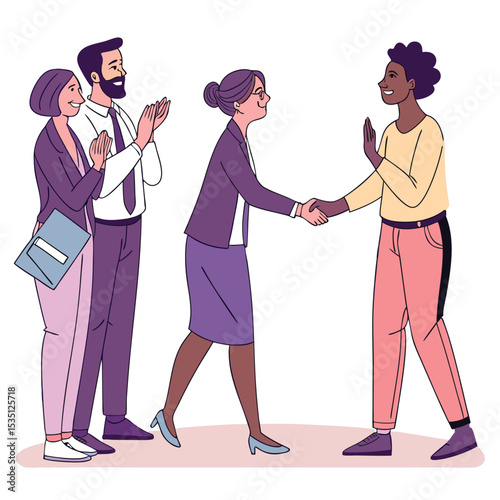 Diverse Business Team Welcoming a New Member with Handshake and Applause in Office