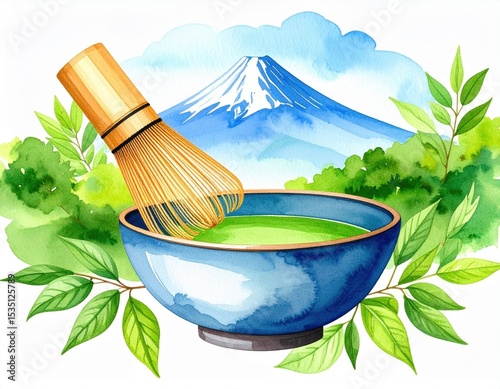Matcha Tea Ceremony Illustration With Mt Fuji Background