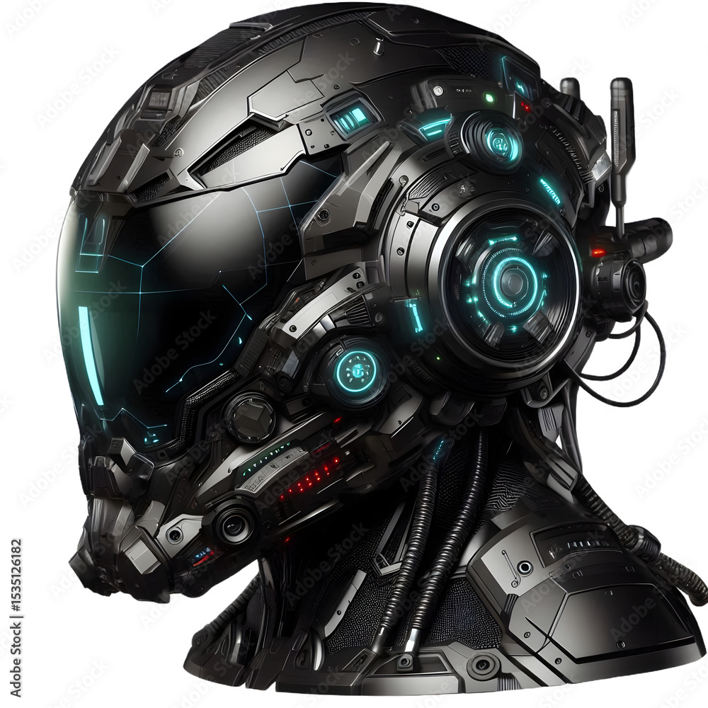 Fototapeta premium A hyper-realistic sci-fi combat helmet featuring glowing cama LED strips, metallic and carbon fiber textures, integrated HUD components, and aerodynamic contours, shown in clean studio lighting 