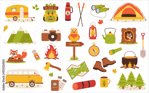 Hiking camping set. Set of elements for hiking, camping, tourism and travel. Hiking and camping illustrations.