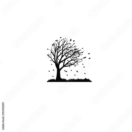 A silhouette of a tree losing all its leaves in a windy forest on white background