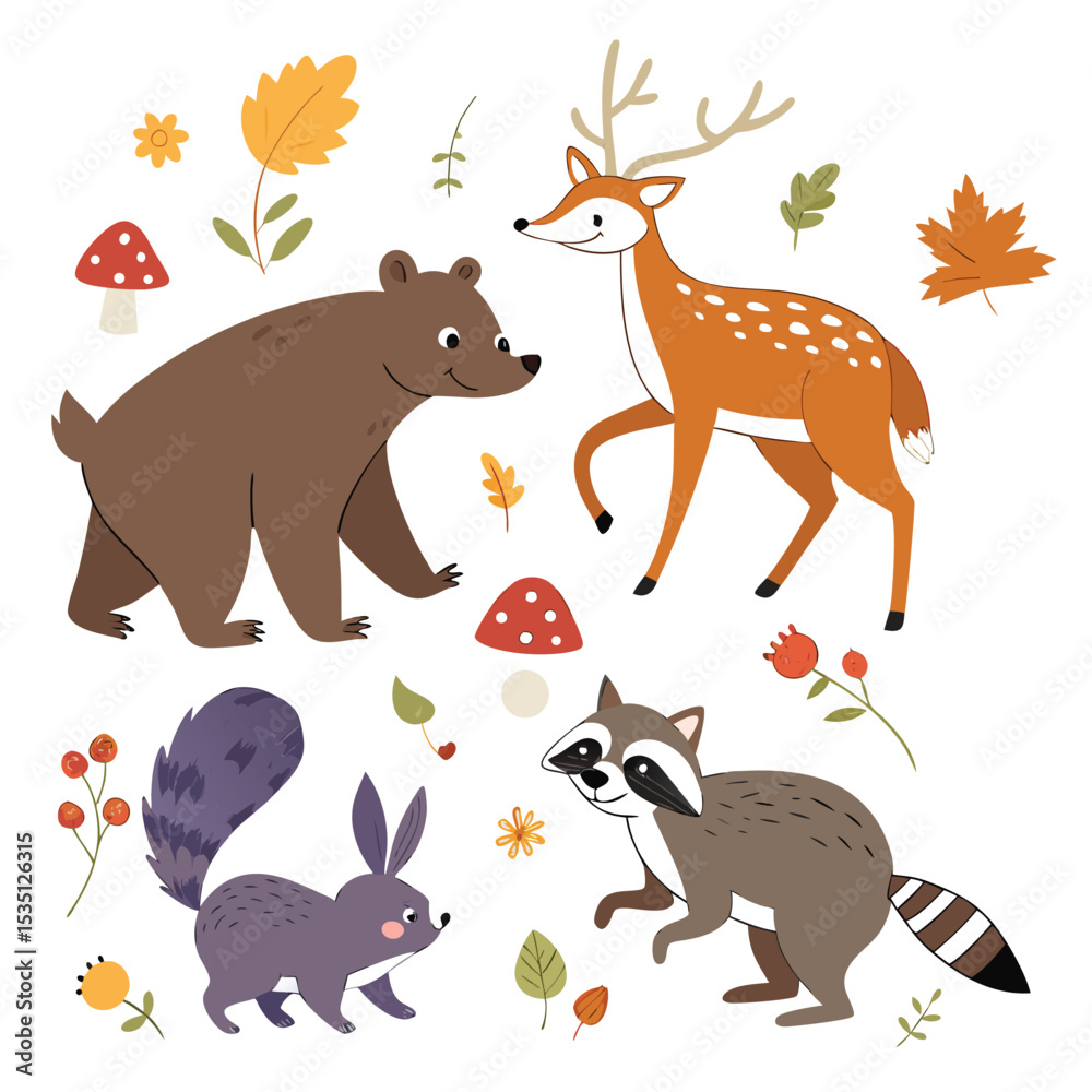 Naklejka premium Cute Forest Animals Cartoon Illustration with Bear Deer Raccoon Squirrel Leaves Flowers and Mushrooms