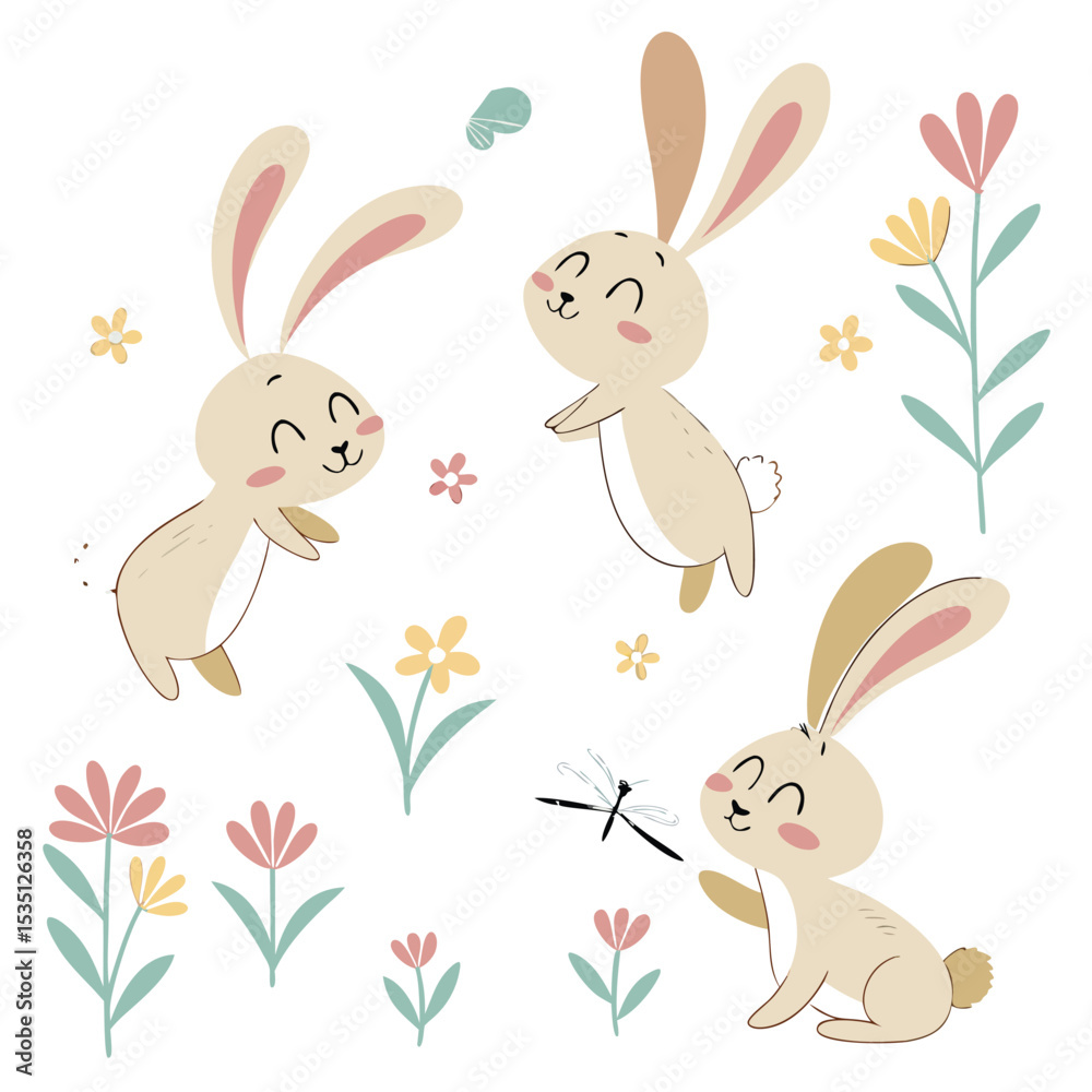 Fototapeta premium Cute Easter Bunny Cartoon Illustration with Flowers and Insects on a White Background