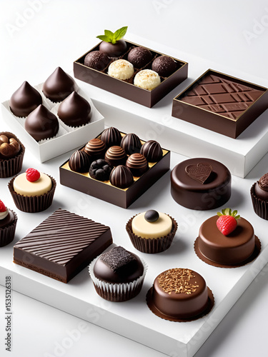 indulge in rich variety of chocolate delights displayed elegantly on pristine white background each piece showcasing