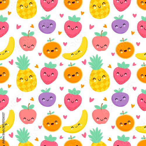 Kawaii Happy Fruit Seamless Pattern, Cute Cartoon Fruits Background