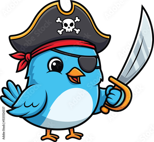 Adorable cartoon blue bird pirate with cutlass