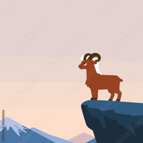Ram on Cliff Edge with Mountain View Cartoon Illustration