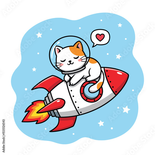 Adorable cartoon cat astronaut sleeping on a rocket ship in space