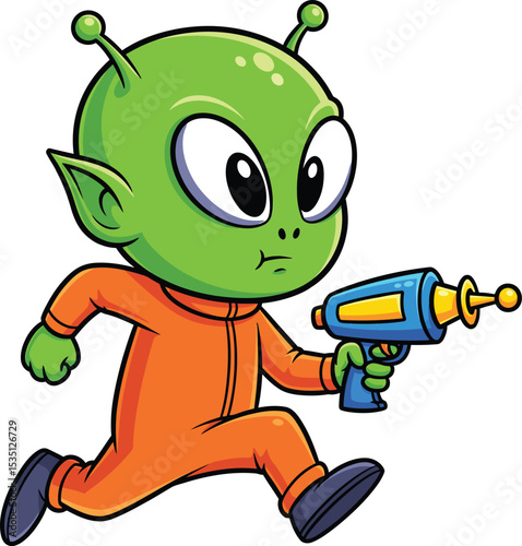 Cartoon green alien running with ray gun