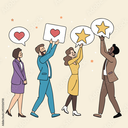 Diverse team holding speech bubbles with hearts and stars for customer feedback and positive reviews illustration