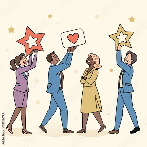 Diverse Team Celebrating Success with Stars and Love Walking Together Towards a Bright Future