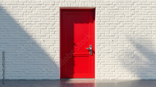 A bold red door standing alone in a white brick wall soft morning light highlighting contrasts inviting yet mysterious feel rich reds against whites geometric composition.