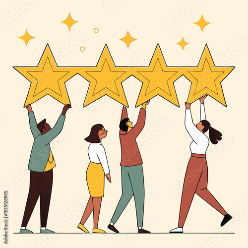 Diverse team holding up four gold stars representing excellent service and customer satisfaction