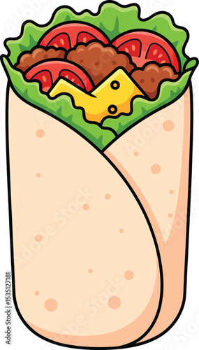 Cartoon illustration of a delicious beef burrito