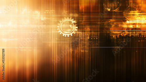 Abstract Golden Technology Backdrop with Gears and Futuristic Elements