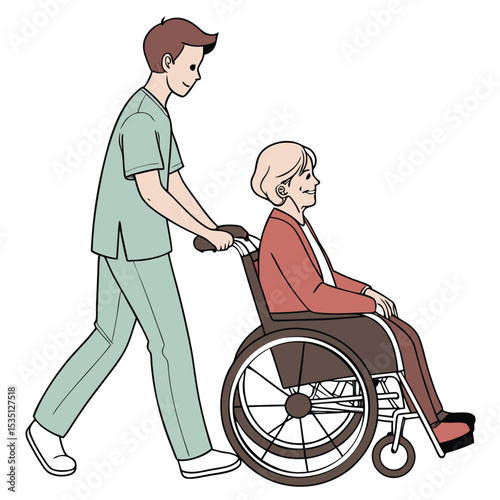 Kind caregiver assisting senior woman in wheelchair providing support and companionship in a healthcare setting illustration
