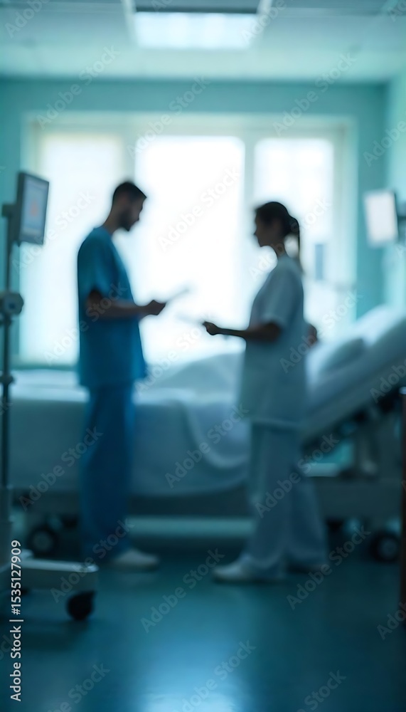 Fototapeta premium Generative AI Depicts Blurred Hospital Scene: Doctors and Patient Interaction
