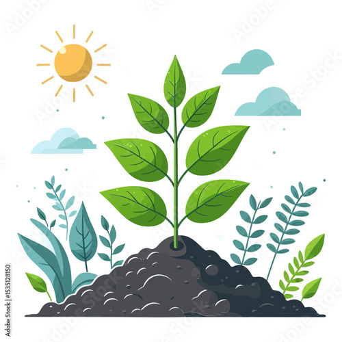 A young plant sprouting from soil with sun and clouds, ideal for blogs/websites about growth, gardening, or environmental topics.