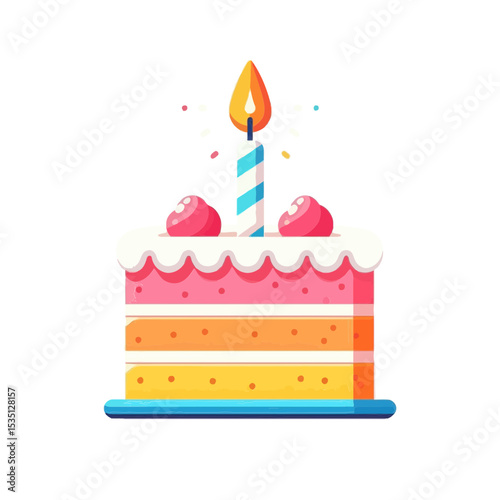 colorful birthday cake with a lit candle and decorative toppings, perfect for websites or blogs celebrating birthdays, anniversaries, parties, or any festive occasion.

